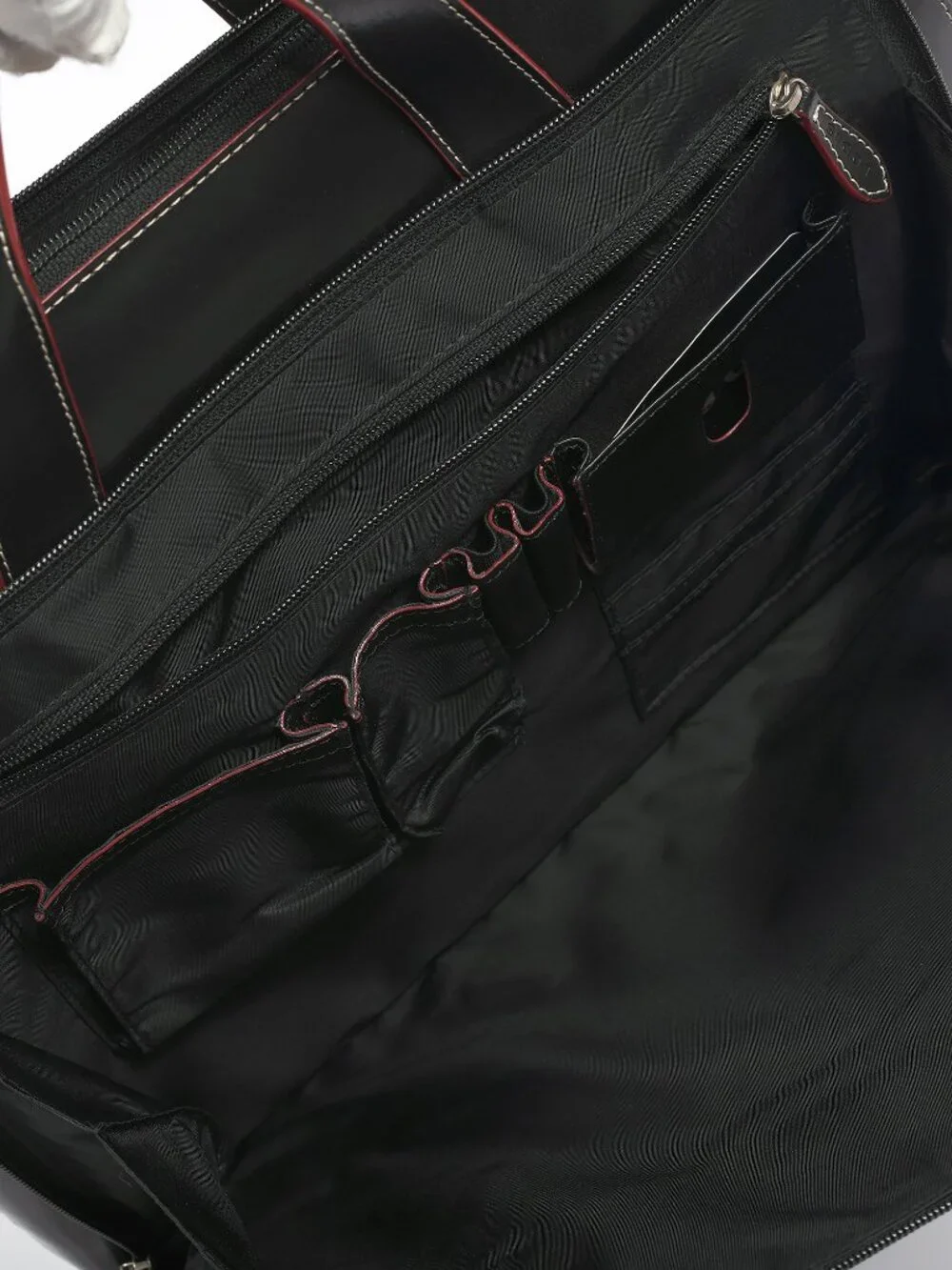 LODIS Audrey Black Leather Laptop Briefcase Tote Red Trim Organizer 16”